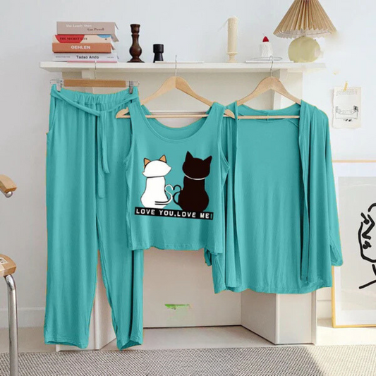 Love Cats  Printed 3 Pc Night Suit in Aqua Colors