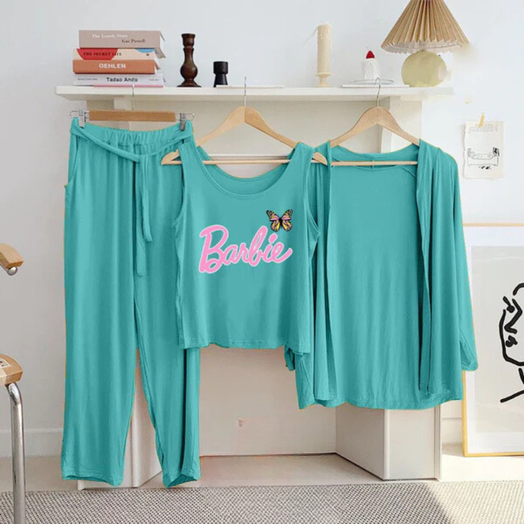 Barbie Printed 3 Pc Night Suit in Aqua Colors