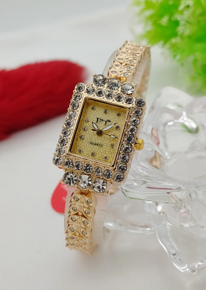 Gold-Tone Crystal Watch with Square Face