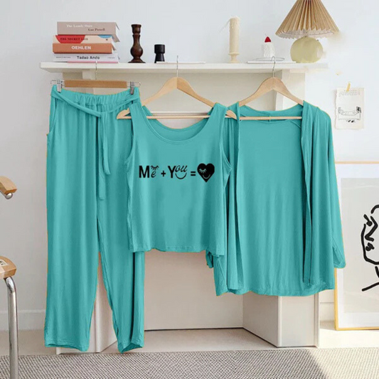 You & Me Printed 3 Pc Night Suit in Aqua Colors