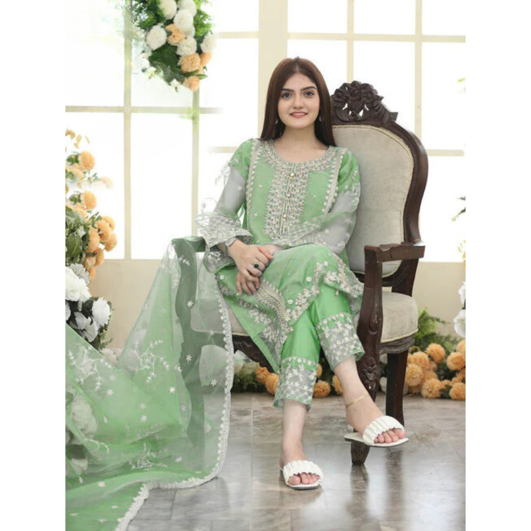 Mina Collection by A&T: Embroidered 3-Piece Green Organza Set