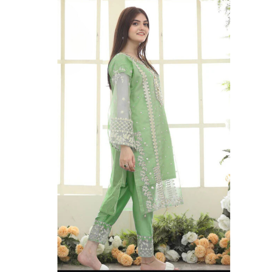 Mina Collection by A&T: Embroidered 3-Piece Green Organza Set