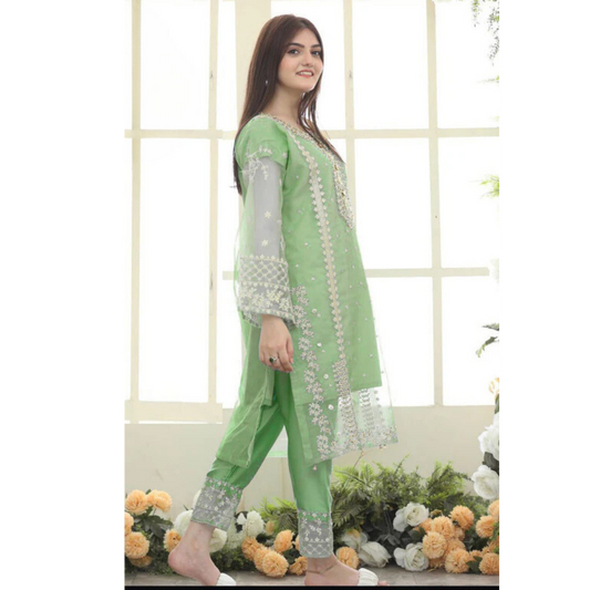 Mina Collection by A&T: Embroidered 3-Piece Green Organza Set