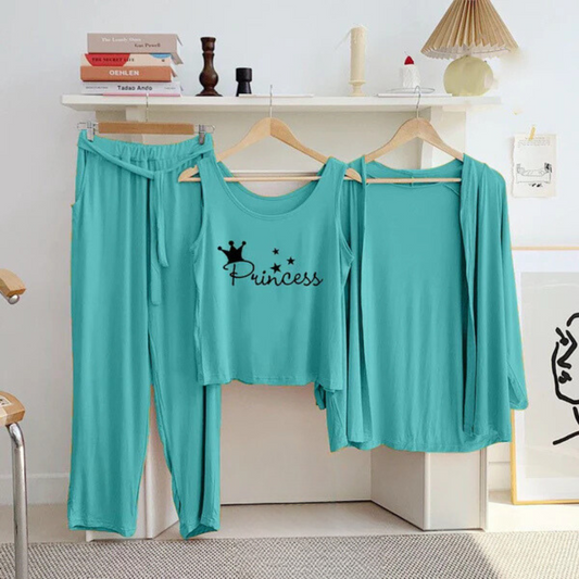 Princes Printed 3 Pc Night Suit in Aqua Colors