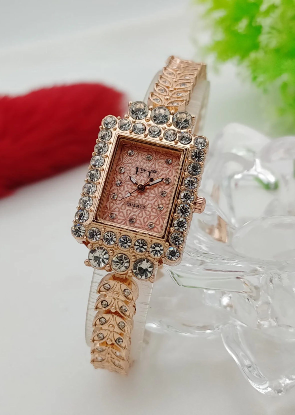 Gold-Tone Crystal Watch with Square Face