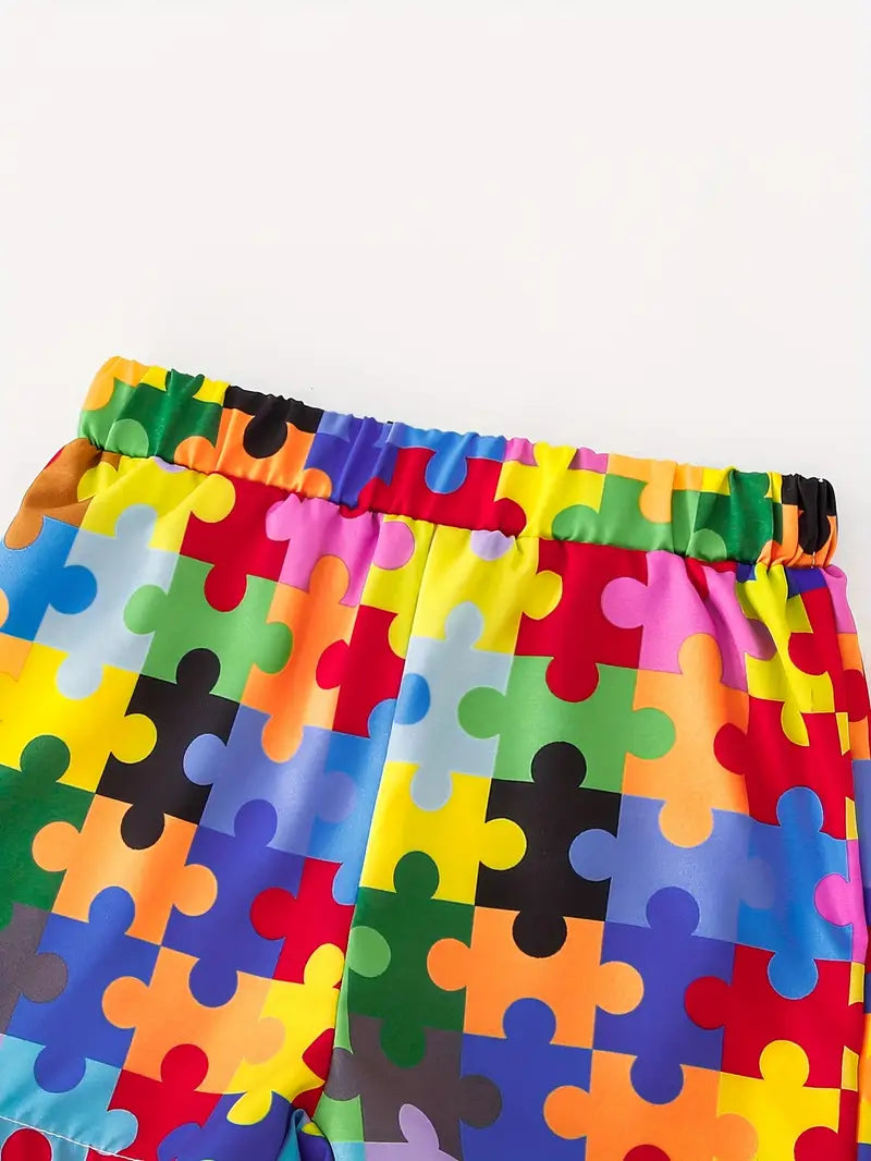 Baby's Cartoon Colorful Puzzle Pattern 2pcs Casual Summer Outfit