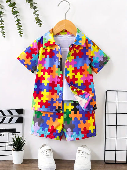 Baby's Cartoon Colorful Puzzle Pattern 2pcs Casual Summer Outfit