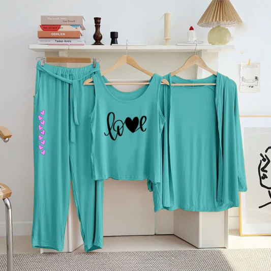 Love Printed 3 Pc Night Suit in Aqua Colors