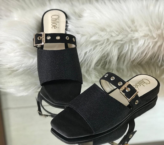 Chloé Classic Black Fur Sandals