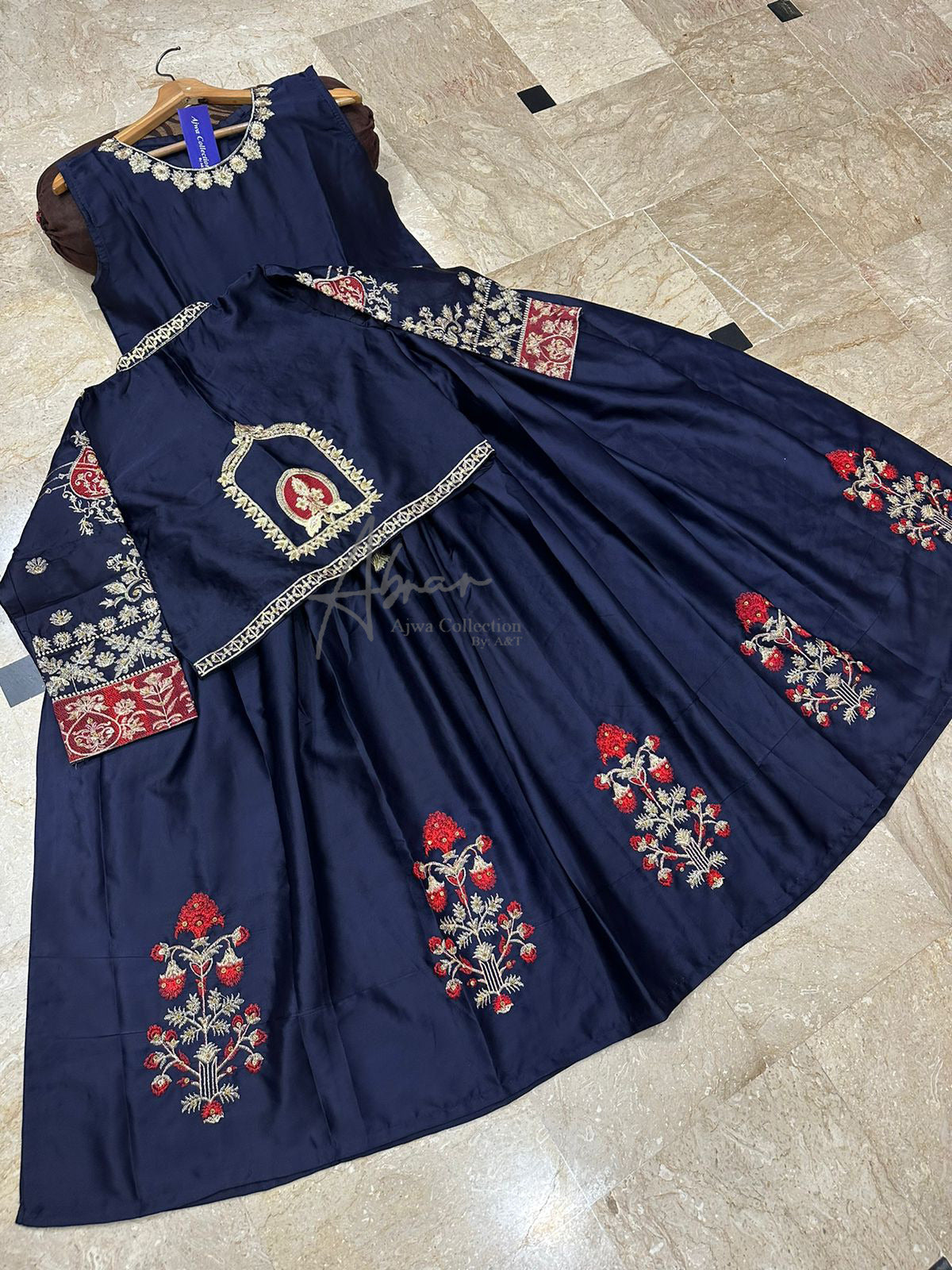 Ajwa Collection by A&T: Handwork Nug Stone Embroidered Koti and Maxi Set