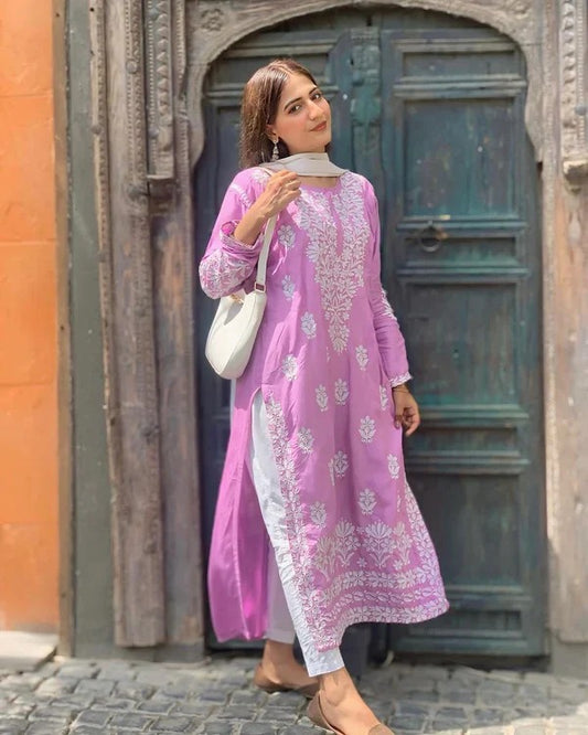 Elegant Soft Linen Embroidered Long Kurti