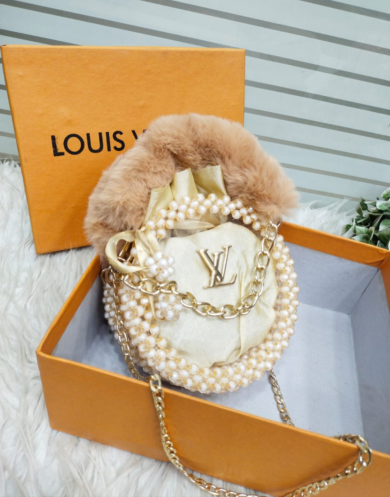 Luxurious LV Crossbody Bag with Pearl Detailing