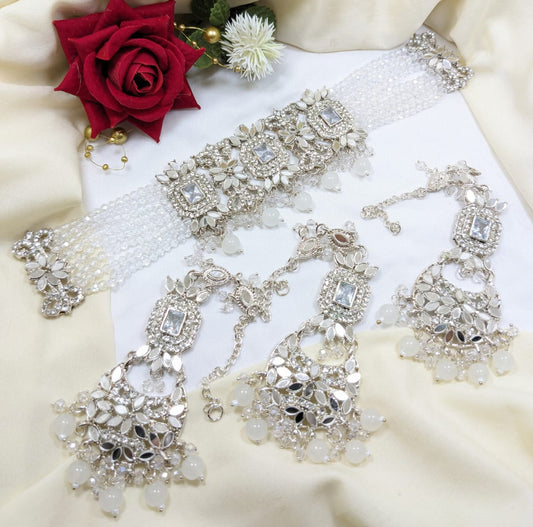 Elegant White Pearl and Mirror Work Jewelry Set