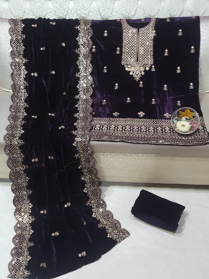 Velvet Embroidered Sequins Jaal Work Dress