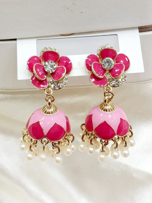 Floral Jhumka Earrings with Enamel and Pearls