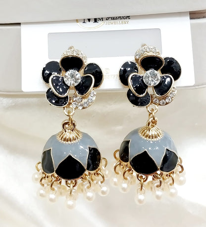 Floral Jhumka Earrings with Enamel and Pearls