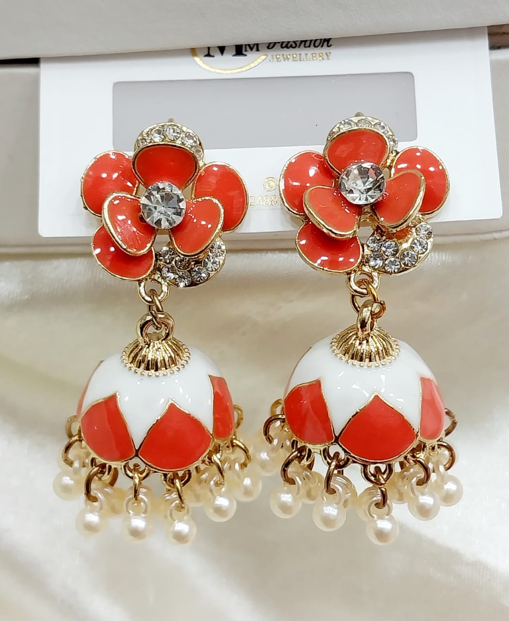 Floral Jhumka Earrings with Enamel and Pearls