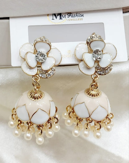 Floral Jhumka Earrings with Enamel and Pearls