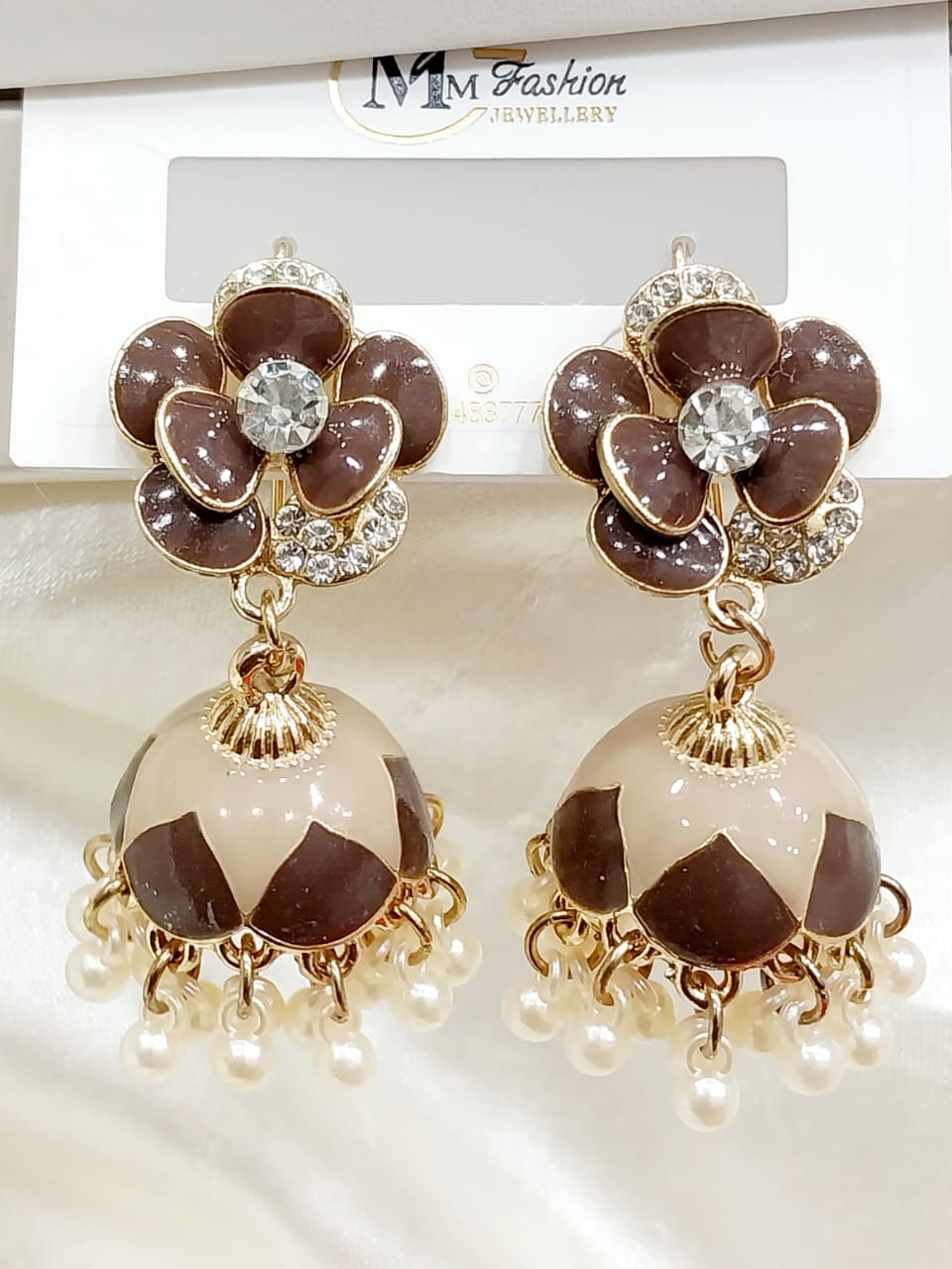 Floral Jhumka Earrings with Enamel and Pearls