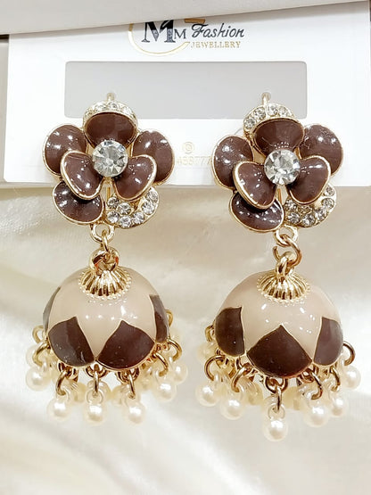 Floral Jhumka Earrings with Enamel and Pearls