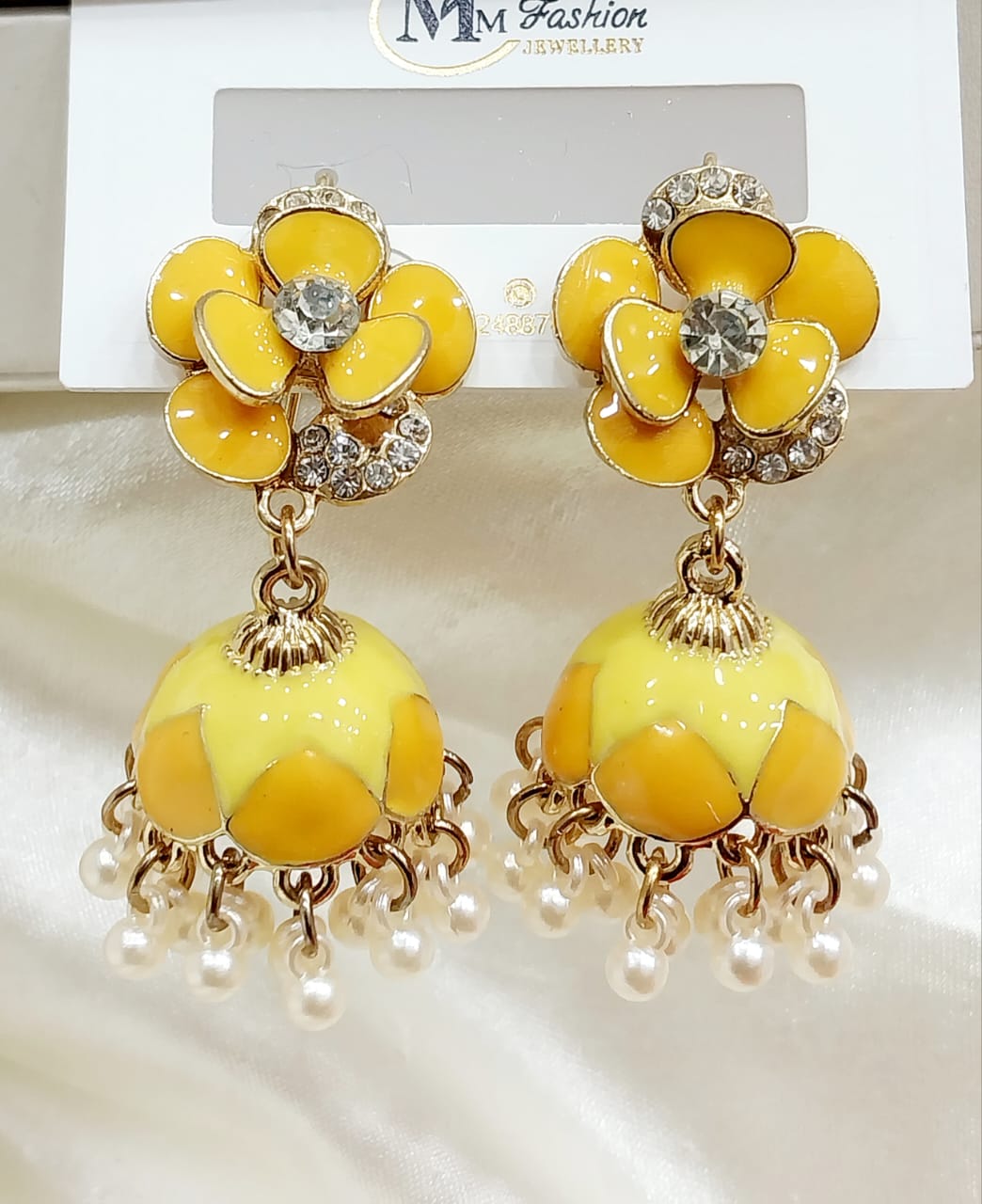 Floral Jhumka Earrings with Enamel and Pearls