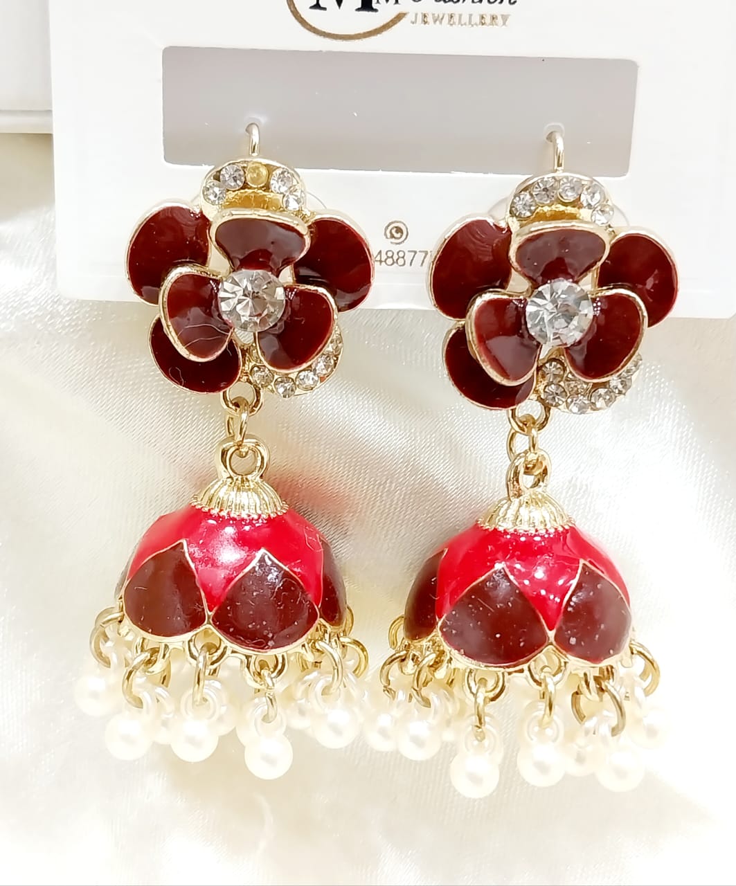 Floral Jhumka Earrings with Enamel and Pearls