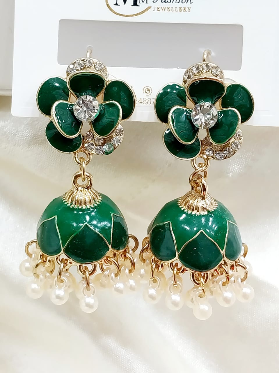 Floral Jhumka Earrings with Enamel and Pearls