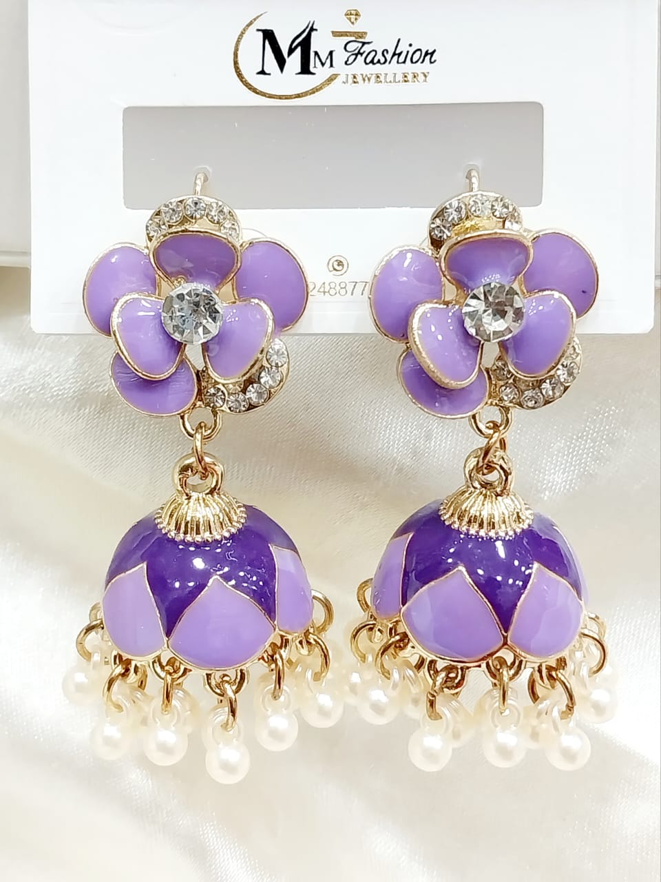 Floral Jhumka Earrings with Enamel and Pearls