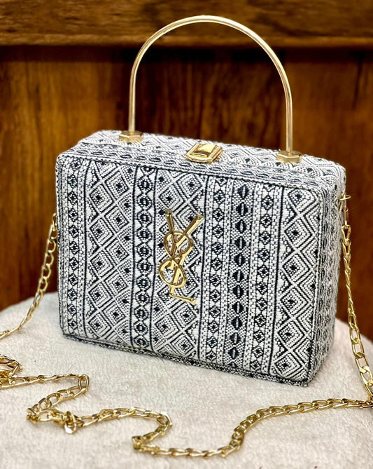 Black and White Ethnic Clutch with Gold-Tone Hardware