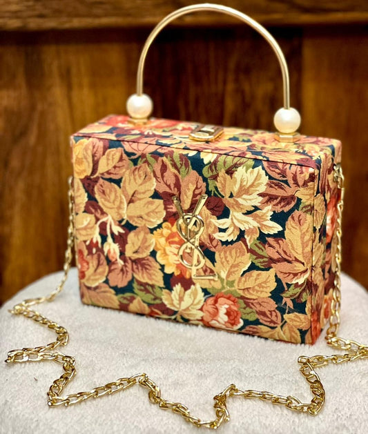 Floral Clutch with Gold Tone Hardware and Pearls

