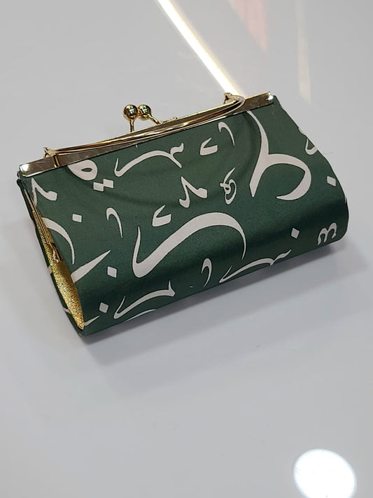 Calligraphy Print Satin Clutch with Gold Frame