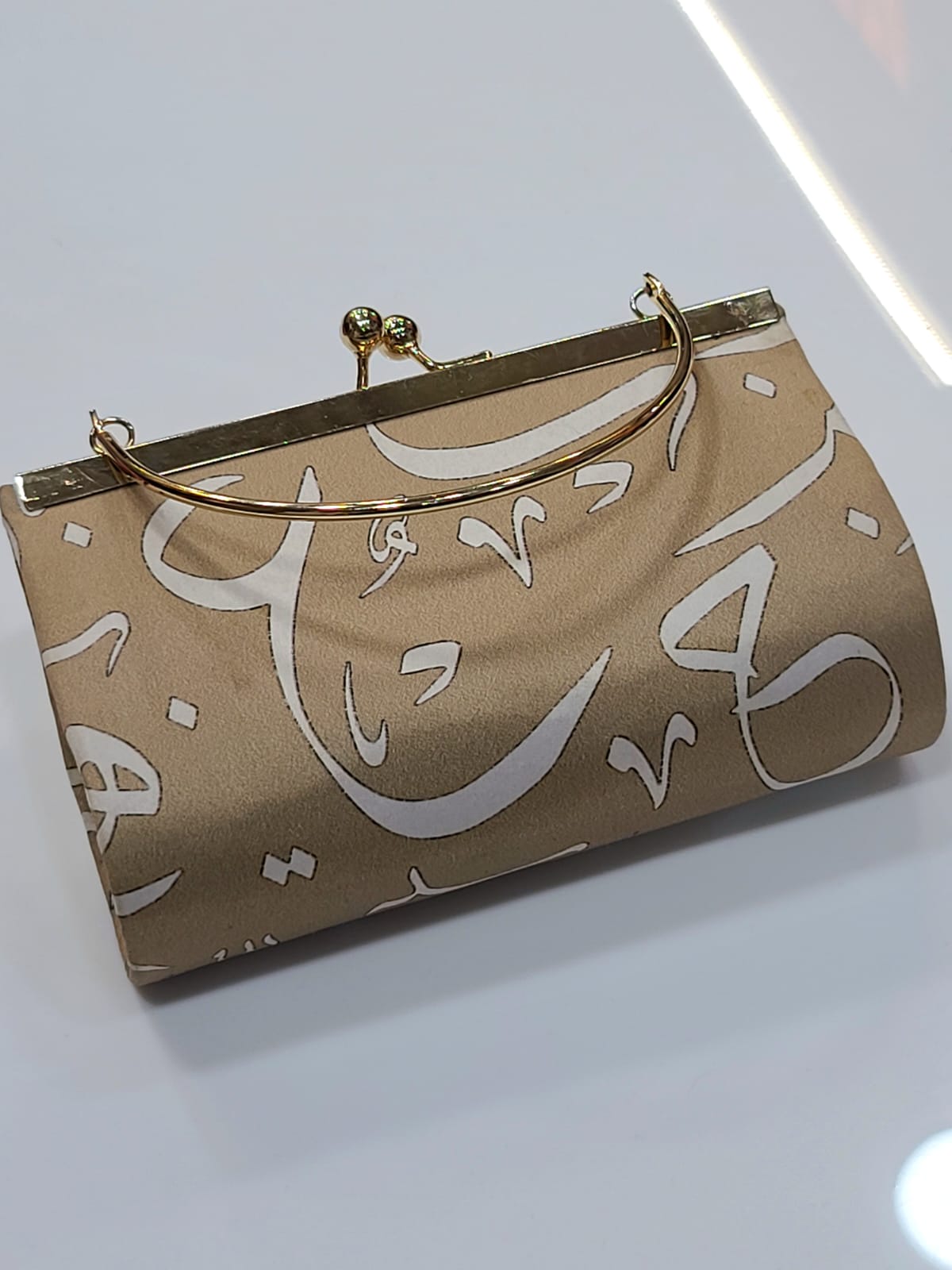 Calligraphy Print Satin Clutch with Gold Frame