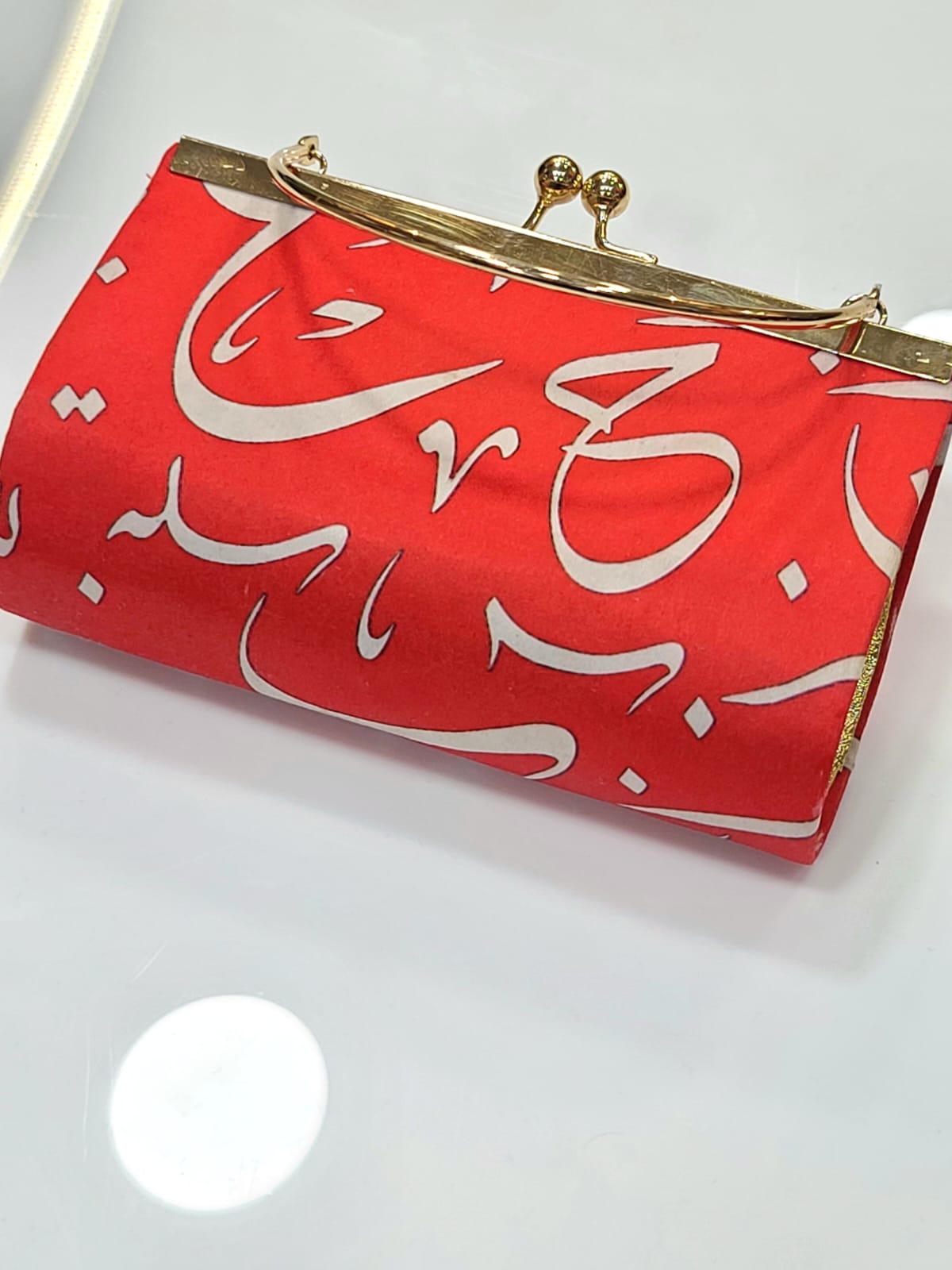 Calligraphy Print Satin Clutch with Gold Frame