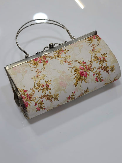 Calligraphy Print Satin Clutch with Gold Frame