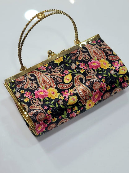 Calligraphy Print Satin Clutch with Gold Frame