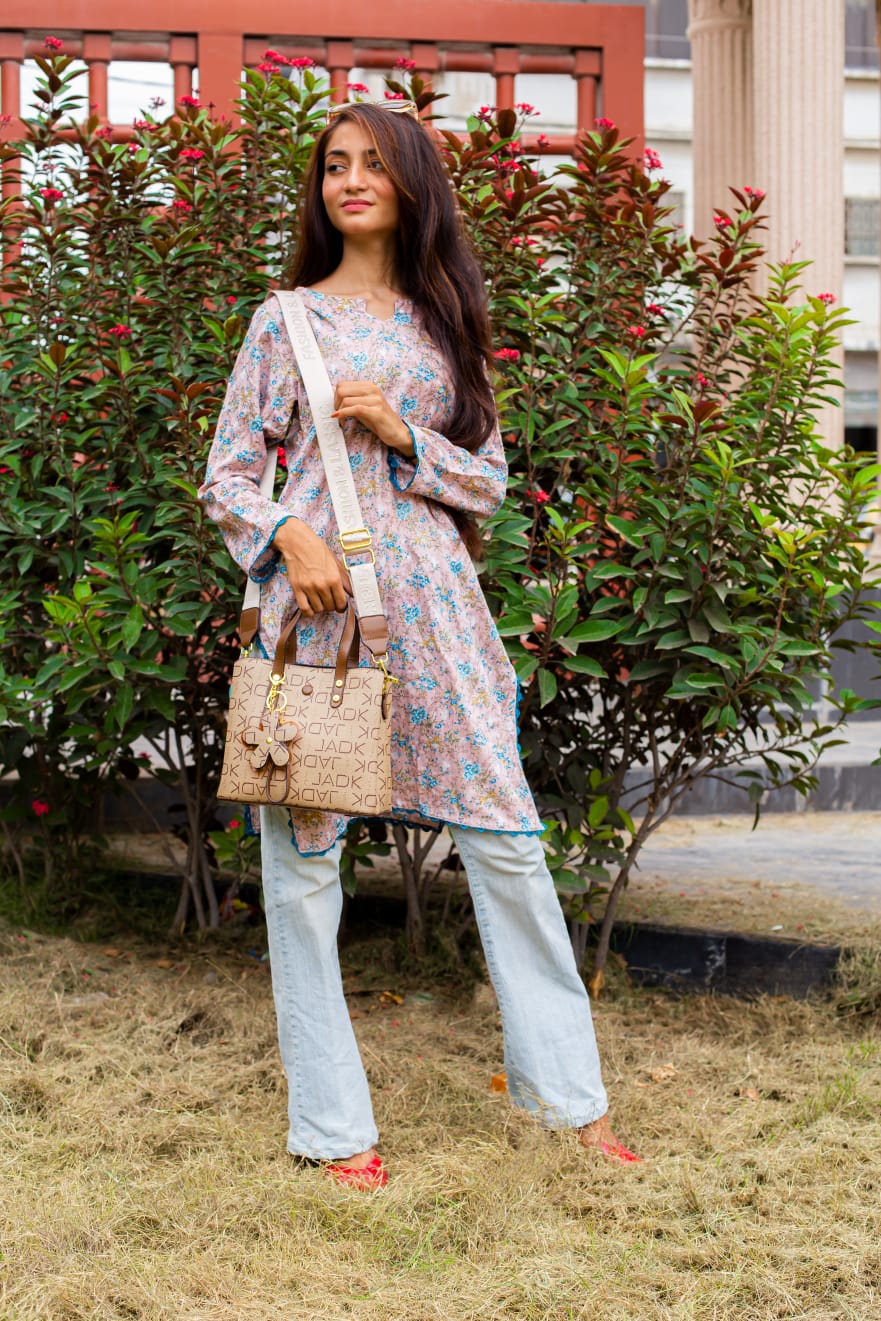 Printed Tote Bag with Flower Pendant