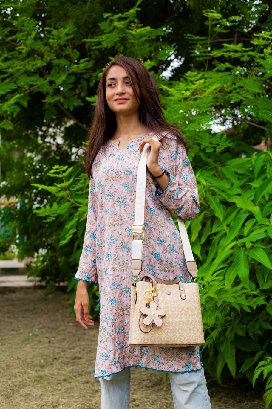 Printed Tote Bag with Flower Pendant