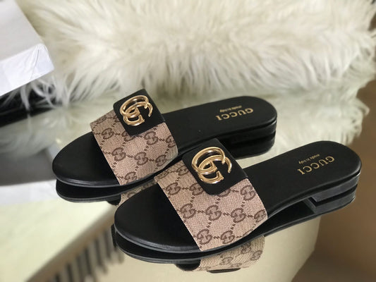 GUCCI Monogram Slip-Ons with Gold Logo Detail