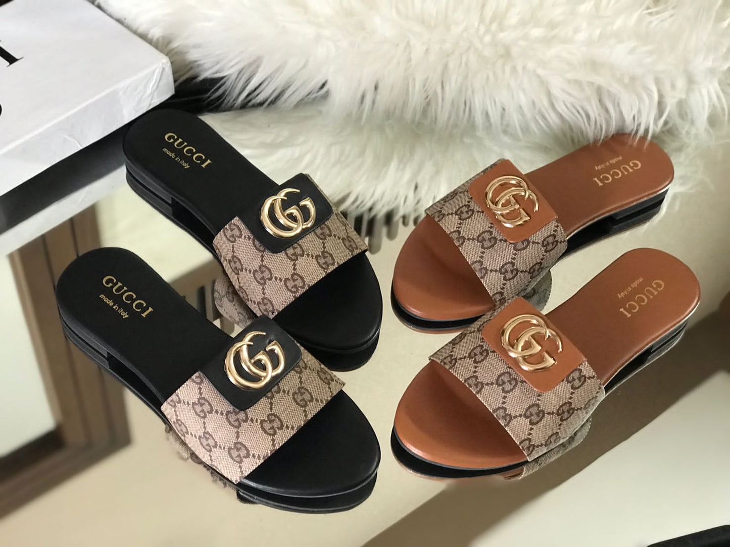 GUCCI Monogram Slip-Ons with Gold Logo Detail