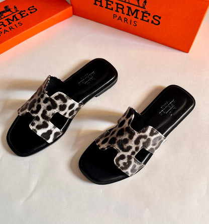 Hermes Oran Leopard Print Slip-On Sandals