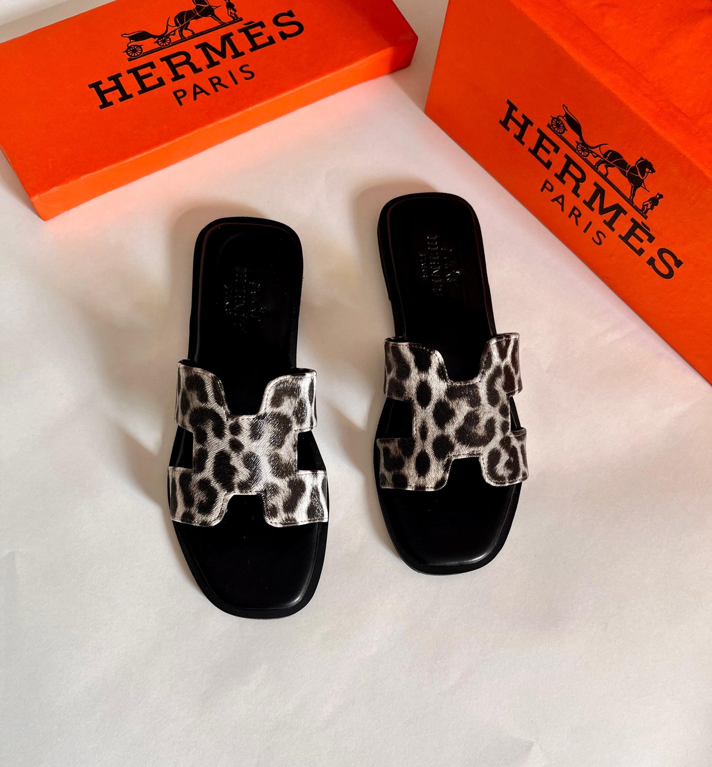 Hermes Oran Leopard Print Slip-On Sandals