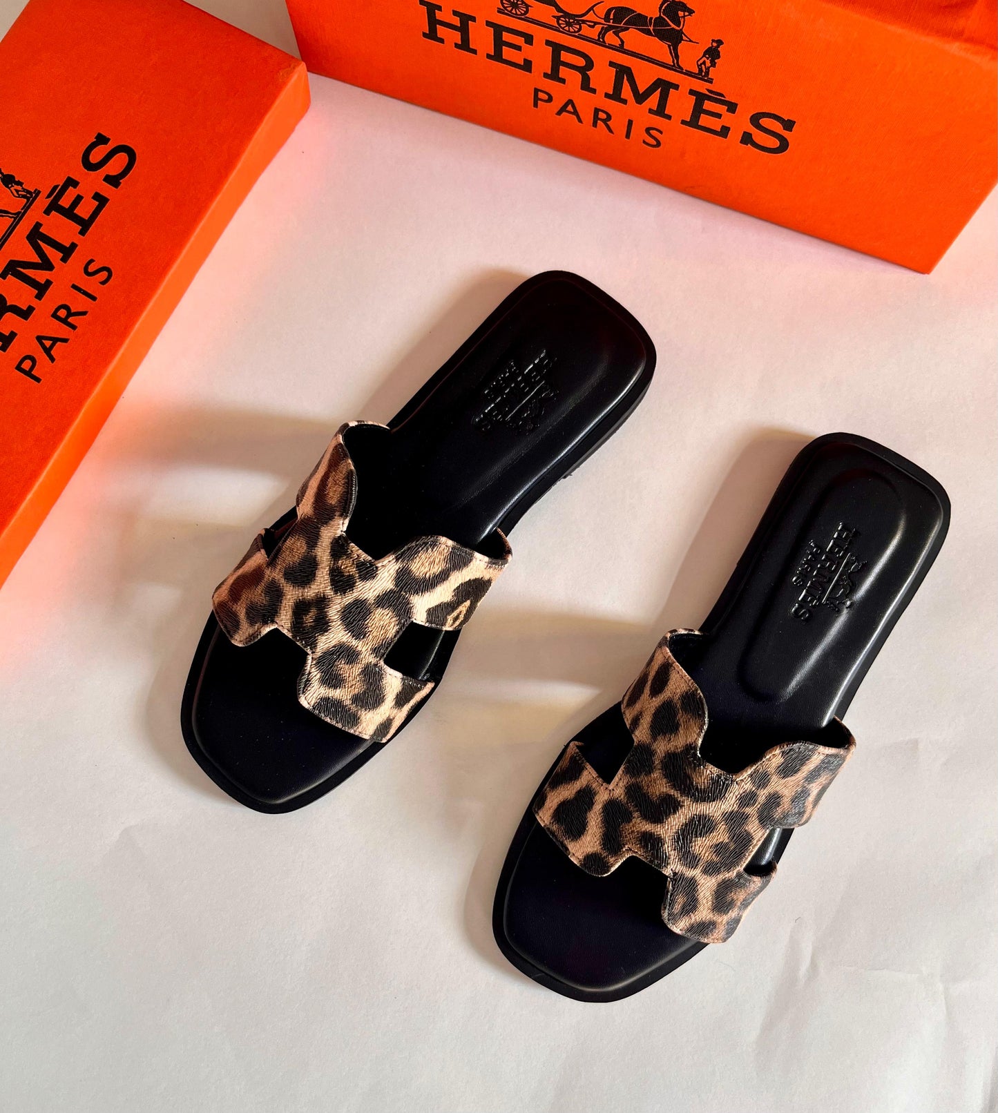 Hermes Oran Leopard Print Slip-On Sandals