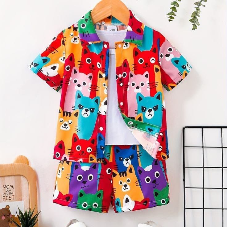 Multi-Colour Kitten Style 3D 2-Pcs Summer Suit