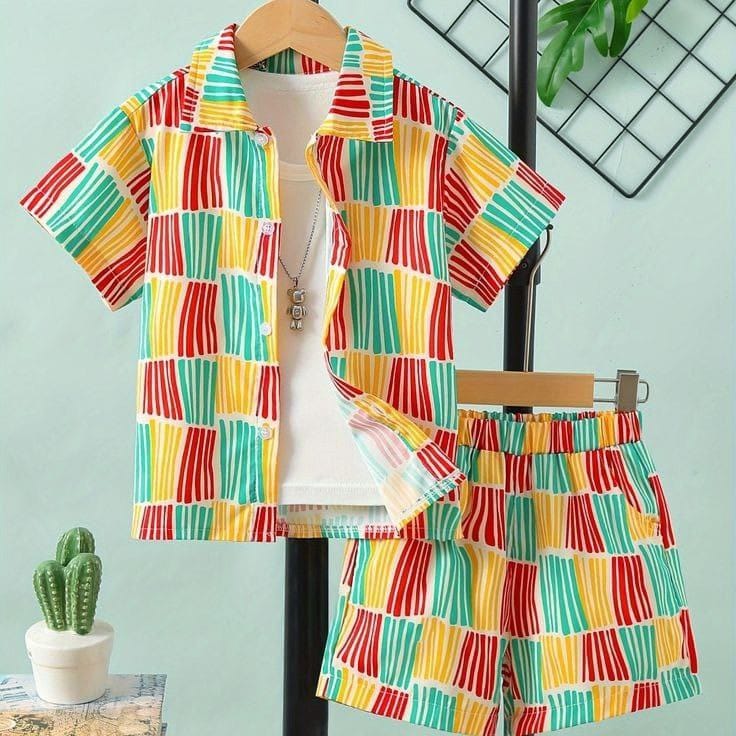 Multi-Colour Lining Style 3D 2-Pcs Summer Suit