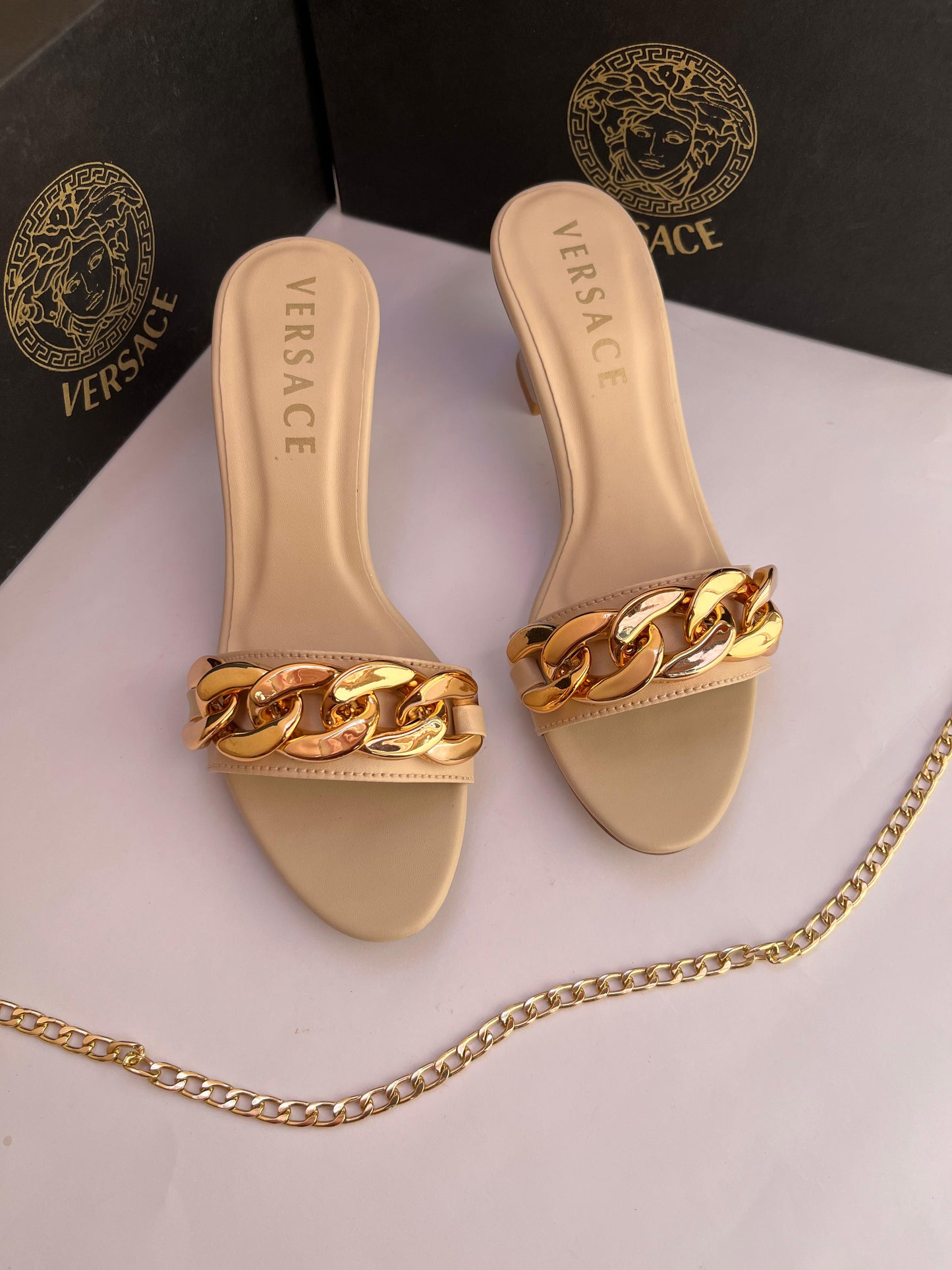 Versace Leather Mules with Gold Chain