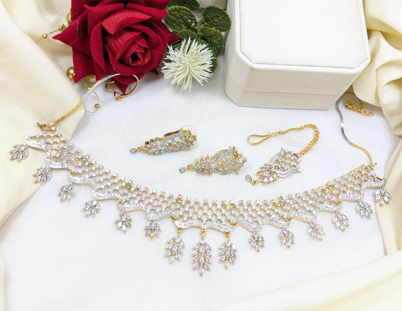 Elegant Bridal Choker Necklace Set with Earrings and Maang Tikka