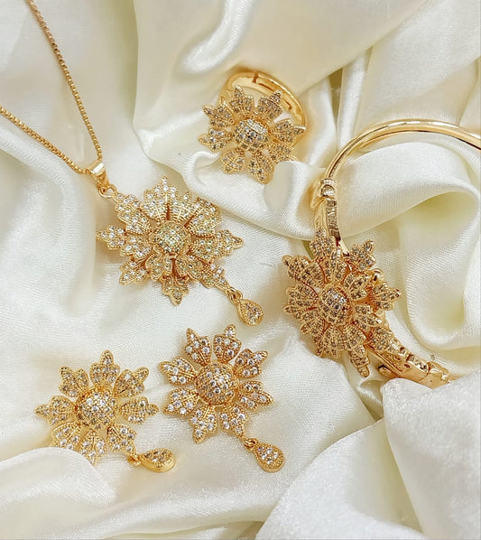 Gold-Tone Flower Jewelry Set with CZ Stones