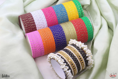 Traditional Multi-Color Bangle Set with Pearl and Gold Accents