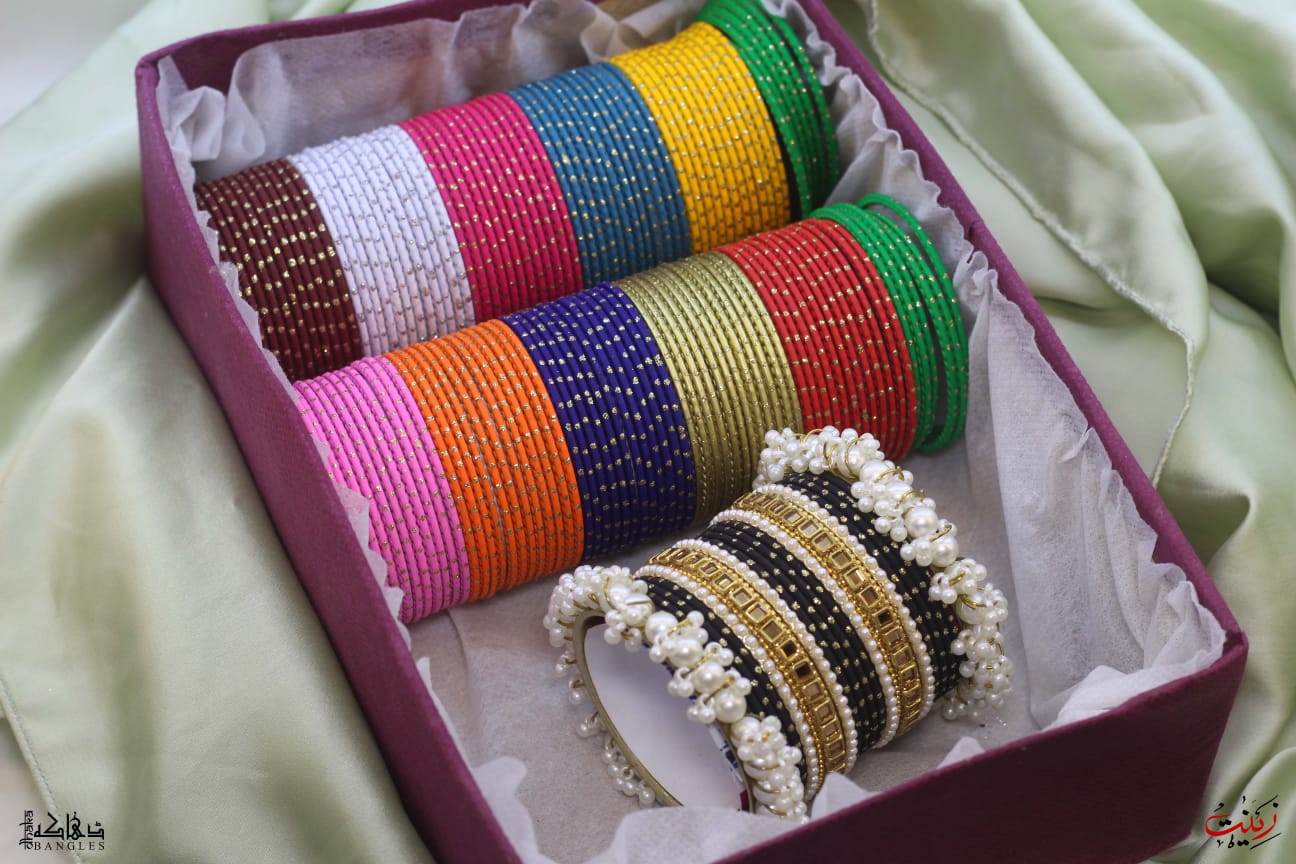 Traditional Multi-Color Bangle Set with Pearl and Gold Accents