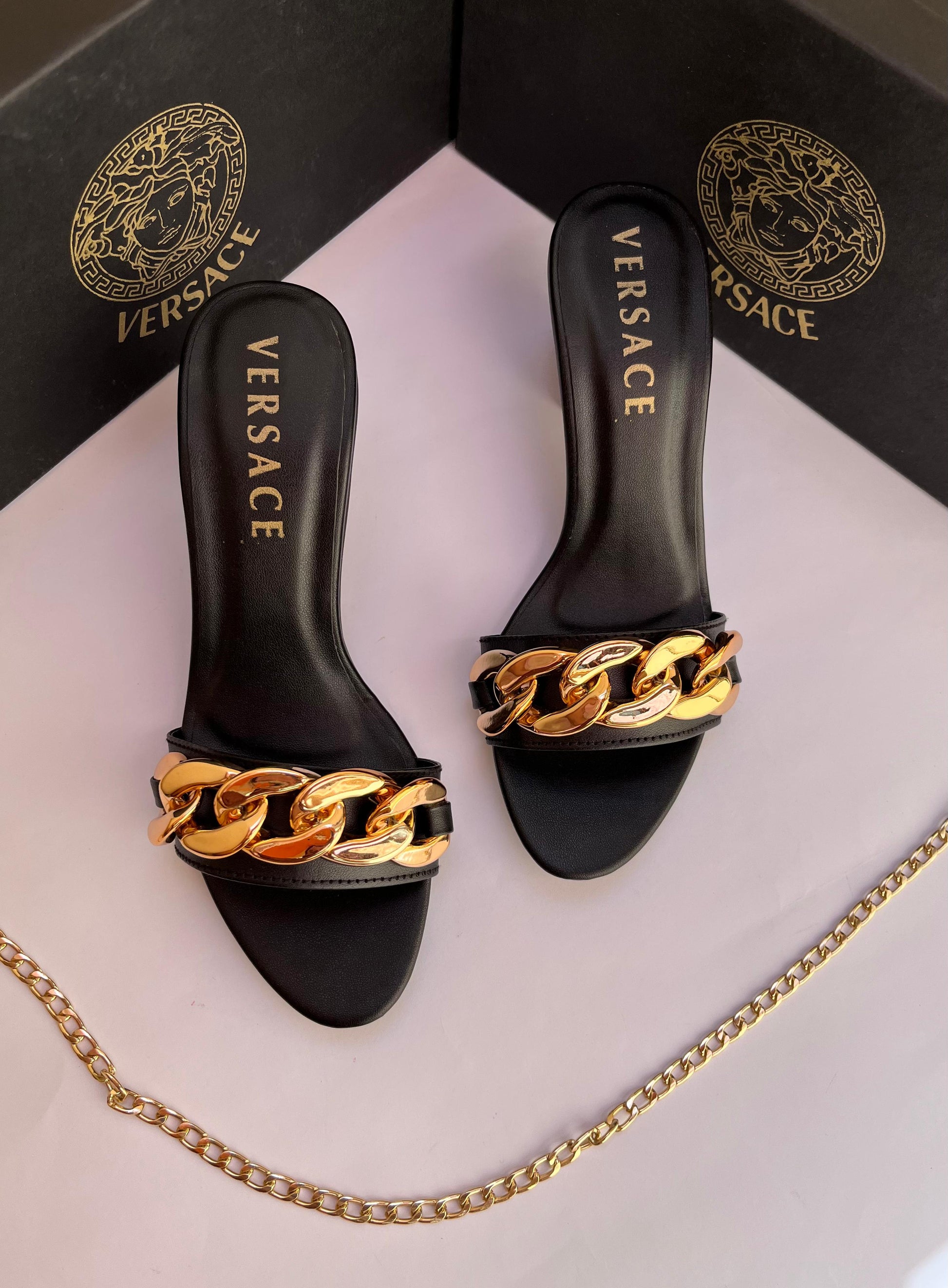 Versace Leather Mules with Gold Chain